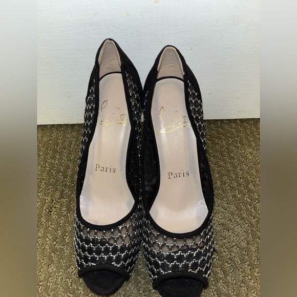 Christian Louboutin Black Mesh Peep Toe Heels with the signature Red Soles - Picture 2 of 8